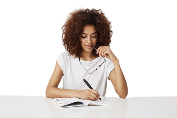 As image of african-girl-thinking-writing-notebook-smiling-white-wall-copy-space