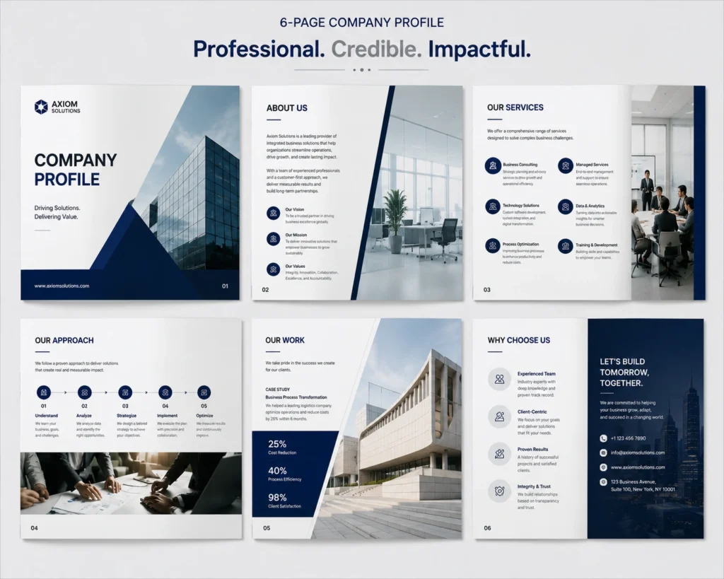 A professionally designed 6 page company profile layout displayed across multiple spreads with a clean corporate design