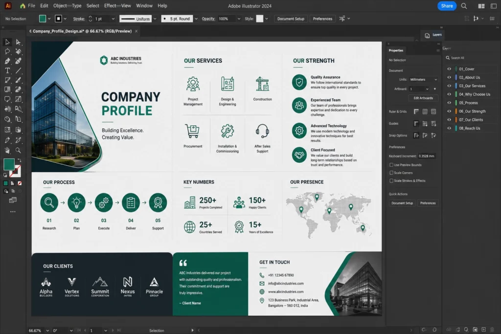 Adobe Illustrator artboard displaying custom icons, infographics, and company profile graphics.