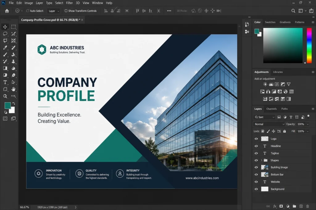 Adobe Photoshop workspace showing a company profile cover in progress.