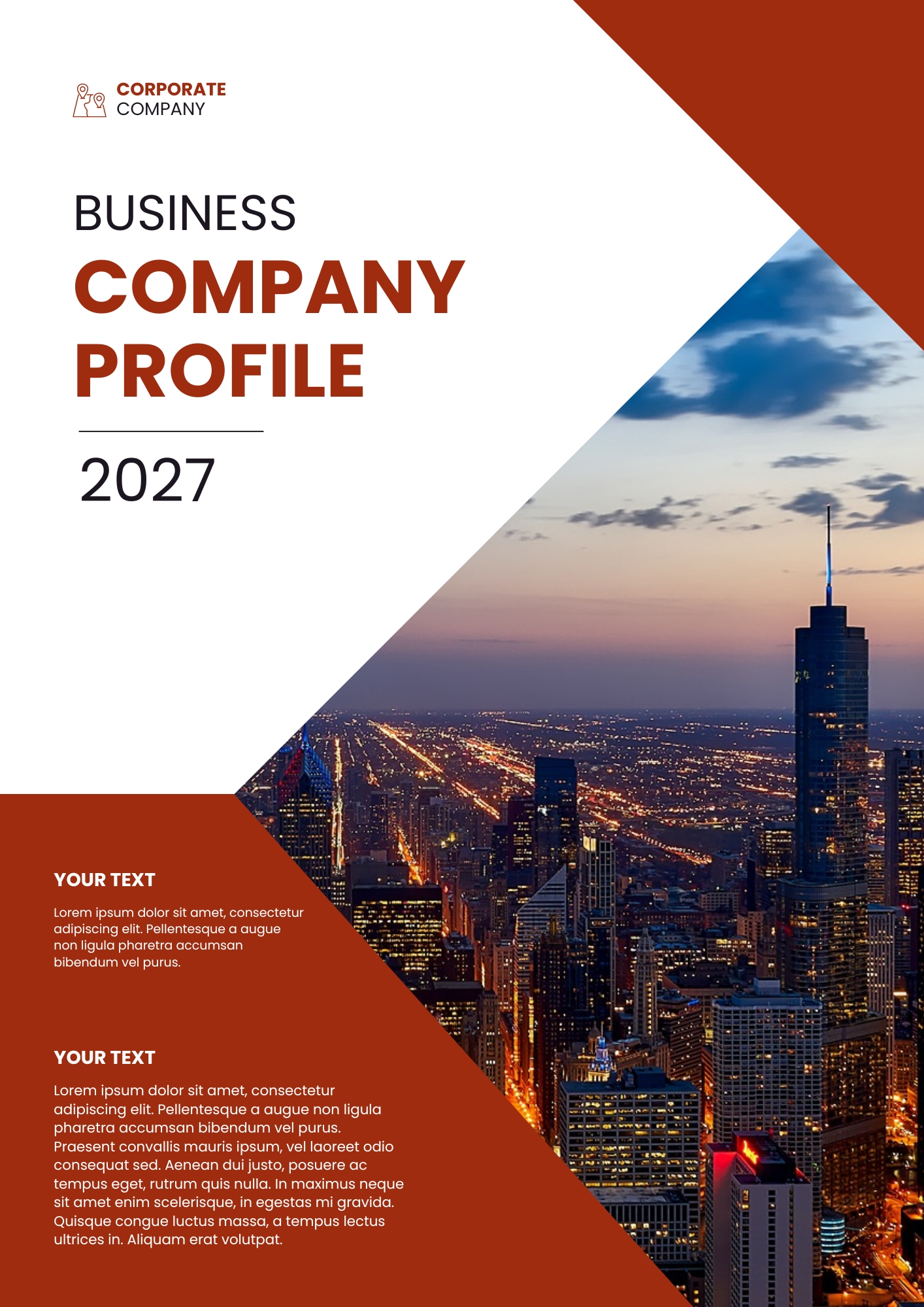 Modern company profile booklet layout featuring geometric shapes, accents, and clean corporate pictures.