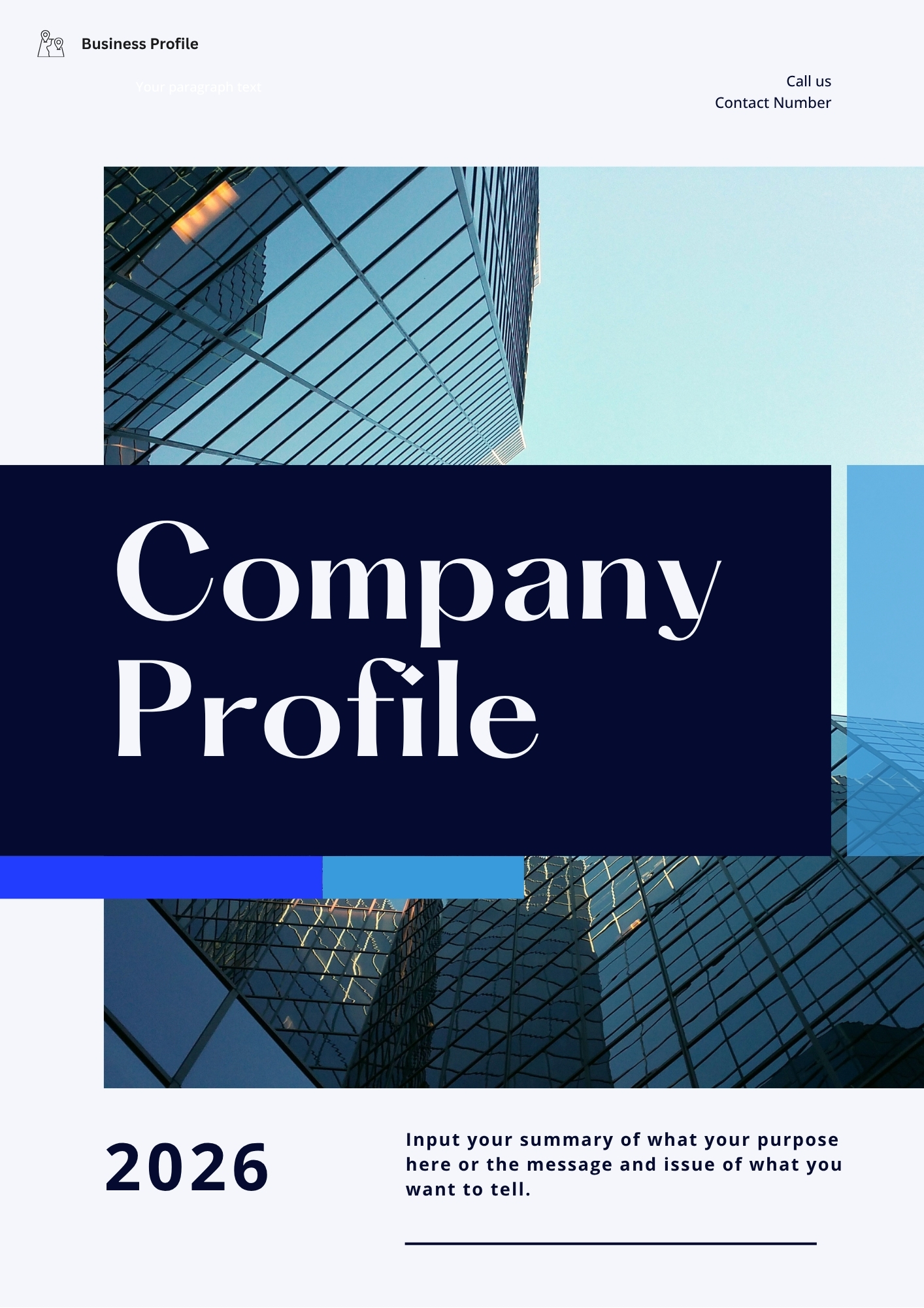corporate company profile front page template with minimalist layout and deep blue branding accents.