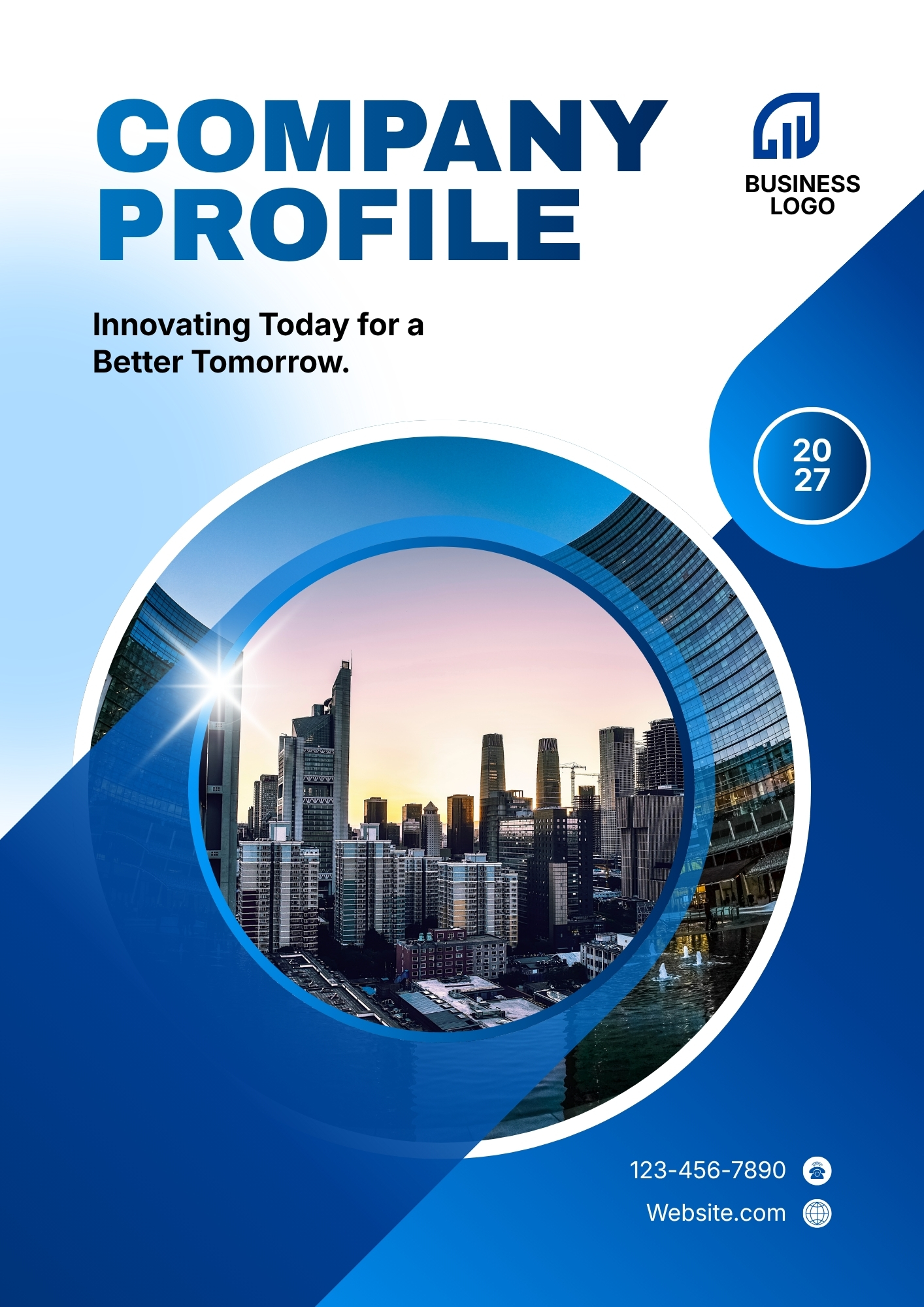 Modern company profile front page with sleek dark mode layout and neon blue accents.