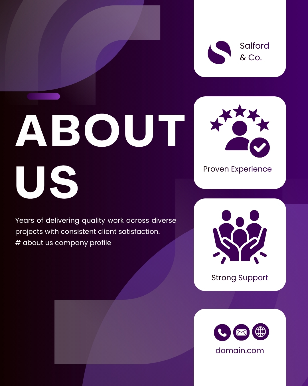 Modern about us company profile layout featuring minimalist text columns and large image placeholders.